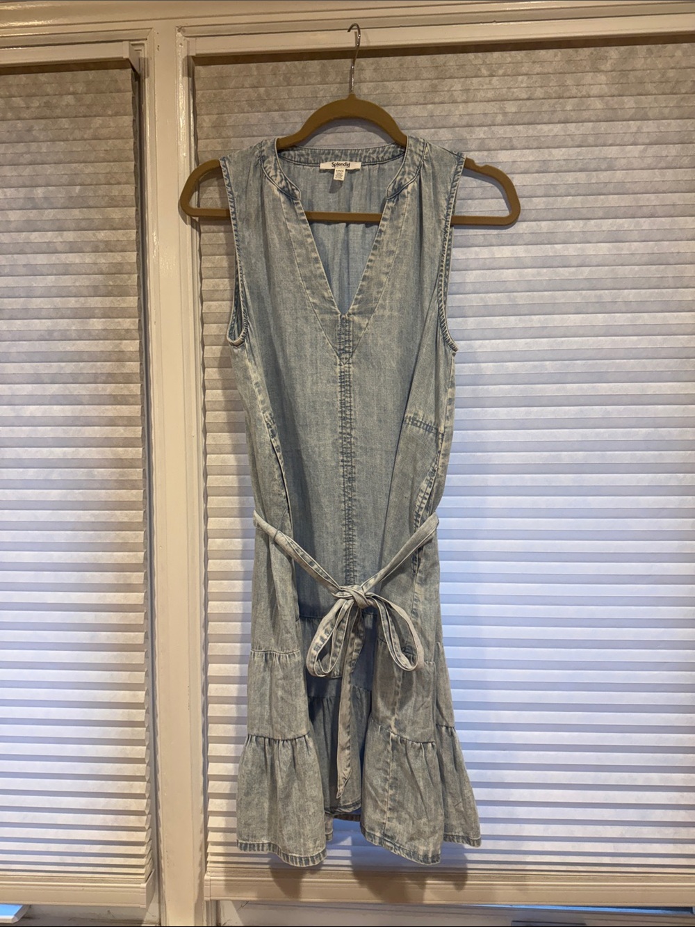 Splendid Light Wash Denim Sleeveless Tie-Waist Dress